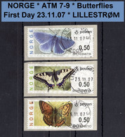 Norge Norwegen Norway ATM 7-9 / Butterflies / Lillestrom Machine # 0RU.. Set First Day / Frama Etiquetas Automatenmarken - Timbres De Distributeurs [ATM]