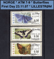 Norge Norwegen Norway ATM 7-9 / Butterflies / Lillestrom Machine # 0RU.. Set First Day / Frama Etiquetas Automatenmarken - Machine Labels [ATM]