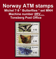 Norge Norwegen Norway ATM 7-9 / Butterflies / Tonsberg Machine # 0RV.. Set MNH / Frama Etiquetas Automatenmarken - Automaatzegels [ATM]