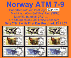 Norge Norwegen Norway ATM 7-9 / Butterflies / Tonsberg Machine # 0RV.. / Sets 7/9/11 First Day / Frama Automatenmarken - Viñetas De Franqueo [ATM]