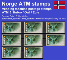 Norge Norwegen Norway ATM 5 Hubro Eule Owl / Big Set With 8 Values FD Oslo 18.03.02 / Frama Etiquetas Automatenmarken - Automaatzegels [ATM]