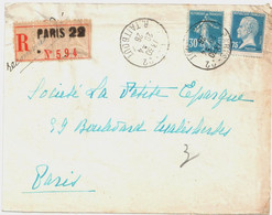 PARIS 22 R Taitbout Lettre Recommandée 30c Semeuse Bleu 75c Pasteur Piquage Décalé Yv 192 177 Ob 29 4 1926 - Lettres & Documents