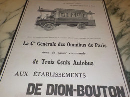 ANCIENNE PUBLICITE TROIS CENTS AUTOBUS A PARIS   DE DION BOUTON 1911 - Camion