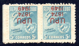 39288 CUBA 1949 5c UPU Pair With Inverted Surcharge. Very Rare. Edif 438hi. 2,000eu. Echenagusia Certificate. - Ongetande, Proeven & Plaatfouten