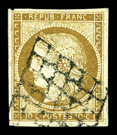 O N°1, 10c Bistre-jaune Clair, Obl Grille, Jolie Pièce, TB (signé Calves/Scheller/certificat)  Qualité: Oblitéré  Cote:  - 1849-1850 Ceres