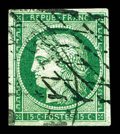 O N°2b, 15c Vert Foncé Obl Grille Sans Fin, Quatre Belles Marges. TTB (signé Brun/certificat)  Qualité: Oblitéré  Cote:  - 1849-1850 Ceres
