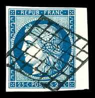 O N°4, 25c Bleu Obl Grille Posée, Bord De Feuille. TTB  Qualité: Oblitéré - 1849-1850 Ceres