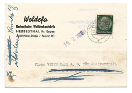6pfg HINDENBURG Obl. Dc HERBESTHAL (cantons De L'Est) Sur Carte(Woldefa Herbestaler Woldeckenfabrik)  Du 12.3 1941 Vers - Briefe U. Dokumente