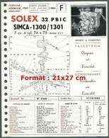 Fiche Technique N°3505C F Solex 32 PBIC Simca-1300/1301 7cv. 4cyl. 74x75 Moteur 312T De 1969 Inversé Et éconostat - Cars