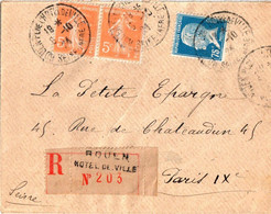 ROUEN Hôtel De Ville Lettre Recommandée 75c Pasteur 5c Semeuse Orange Yv 158 177 Ob 8 10 1924 - Brieven En Documenten