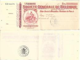 BELGIUM CHECK CHEQUE SOCIETÉ GENERALE 1910'S REVENUE - Schecks  Und Reiseschecks