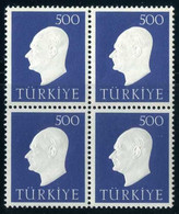 Turkey 1959 Mi 1692 MNH Atatürk, Embossed Portrait [Block Of Four] - Neufs