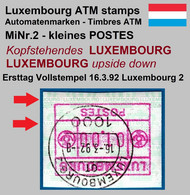 Luxemburg Luxembourg Timbres ATM 2 Kleines Postes ERROR Kopfstehendes Papier 1 Fr. Ersttag 16.3.92 Frama Automatenmarken - Vignette