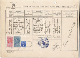 REVENUE STAMPS, KING CAROL II, AVIATION STAMPS ON MARRIAGES REGISTRY EXTRACT, 1938, ROMANIA - Fiscale Zegels