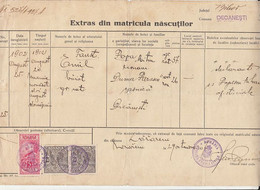 REVENUE STAMPS, KING FERDINAND, STATISTICAL STAMPS ON NEWBORN REGISTRY EXTRACT, 1927, ROMANIA - Fiscaux