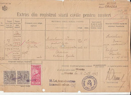 REVENUE STAMPS, KING FERDINAND, STATISTICAL STAMPS ON NEWBORN REGISTRY EXTRACT, 1923, ROMANIA - Fiscale Zegels