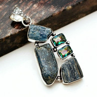 Neuf - Pendentif En Argent 925 Serti Kyanite Gris Foncé Et Mystic Topaze Verte - Pendentifs