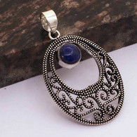 Neuf - Pendentif Ovale Argent 925 Ciselé Style Art Nouveau Serti Lapis Lazuli - Pendentifs