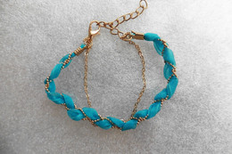 Neuf - Bracelet Double Chaîne Et Ruban Tressé Bleu Turquoise Et Or - Réglable - Armbanden