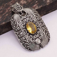 Neuf - Pendentif Argent 925 Ciselé Style Art Nouveau Art Deco Serti Citrine - Pendants