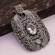 Neuf Pendentif Argent 925 Ciselé Style Art Nouveau Art Deco Serti Topaze Blanche - Pendentifs