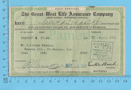 Great-West Life Assurance - Billet 1931, Dividende $8.56 - Canadá