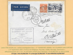 FRANCE NORVEGE 1937 1er Transport Aérien Courrier Sans Surtaxe Aff Avec 1,50F Chamonix Mont Blanc Càd OSLO Et Retour - Airplanes