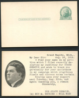 UX27 UPSS S37A Postal Card ELECTION CAMPAIGN STATE SENATOR MICHIGAN 1916 - 1901-20