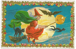 08046 -  VINTAGE POSTCARD ---   HALLOWEEN - EMBOSSED - BEAUTIFULL!   Black Cat OWL Witch - Halloween