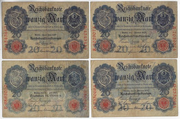 Banknote Germany 20 Mark 1907 1908 1910 1914 Pick-28 31 40b 46b Fine / VF (US$ 29.62) - 20 Mark