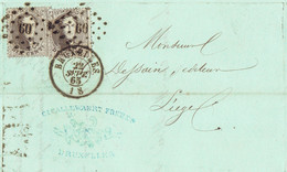 N°14 En Paire Sur LAC De BRUXELLES Du 22/9/1865 Oblit. Pt 60 Vers LIEGE + Cachet & Lettre Entête CALLEWAERT FRERES - 1863-1864 Medallions (13/16)