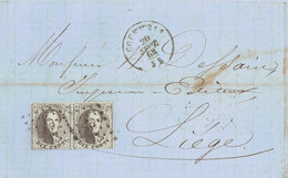 N°14 En Paire Sur LAC De COURTRAI Du 20/9/1865 Oblit. Pt 87 Vers LIEGE - Signé Eugène BEYAERT - 1863-1864 Medallions (13/16)