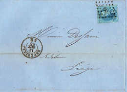 N°15 Sur LAC De BRUXELLES Belle Oblit. Lpts 60 Du 13/10/1865 Vers LIEGE - Entête De COMPTOIR UNIVERSEL Imprimerie-Litho. - 1863-1864 Medallions (13/16)