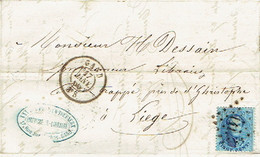 N°15 Sur LAC De GAND Oblit. Lpts 141 Du 17/1/1865 Vers LIEGE + Cachet VANDERPOORTEN-TOEFNAERT Imprimeur-Libraire - 1863-1864 Medallions (13/16)