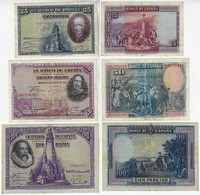 Banknote Spain 25 50 100 Pesetas 1928 Pick-74 VF+ Pick-75c VF With Small Cut Pick-76b VF+ - Other & Unclassified