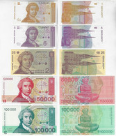 Banknote Croatia 1 5 25 50,000 100,000 Dinars 1991 / 1993 Pick-16 17 19 26 27 UNC (US$ 14) - Croatie