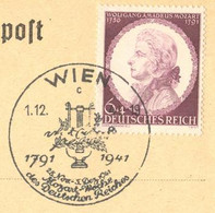 721  Mozart: Timbre + Oblitération Temp. D'Autriche, 1941 - Mozart Stamp And Special Cancel From Vienna, Austria - Music