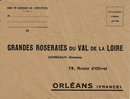 Vers 1935 - Enveloppe Des GRANDES ROSERAIES DU VAL DE LOIRE (Orléans) - Landwirtschaft