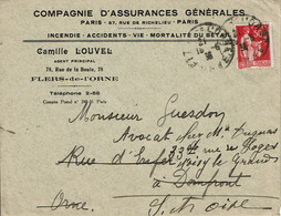 1936 - Enveloppe à Entête De COMPAGNIE D'ASSURANCES GENERALES - Agent Mr LOUVEL à Flers De L'Orne - Banca & Assicurazione