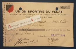 LE PUY 1930 Union Sportive Du Velay - Gymnastique Et Préparation Militaire - Carte M James Hôtel De La Poste Haute Loire - Lidmaatschapskaarten