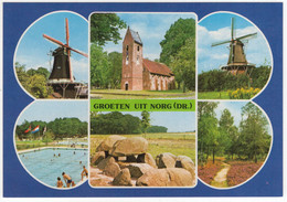Groeten Uit Norg - Hunebed, Zwembad, 2x Molen, Kerk, Heide -  (Drenthe, Holland) - Nr. NOG 9 - Norg