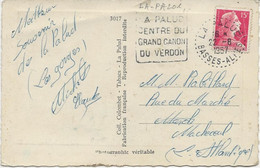 CARTE AFFRANCHIE N° 1011-OBLITERATION DAGUIN  -LA PALUD CENTRE DU GRAND CANON DU VERDON -ANNEE 1957 - Mechanical Postmarks (Other)