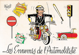 CPM Les Ennemis De L' Automobiliste Gendarme Motard Contravention Vignette P.V. Humour Illustrateur OZIOULS   2 Scans - Oziouls