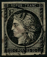 Oblit. N°3 20c Noir S/jaune, Obl CàD Type 14, Signé Calves - B - 1849-1850 Ceres