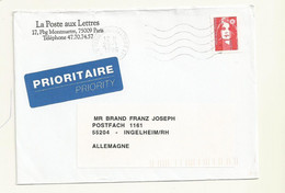 MARIANNE DE BRIAT ADHESIF DE CARNET SUR LETTRE PRIORITAIRE POUR L'ALLEMAGNE. - 1989-1996 Marianne (Zweihunderjahrfeier)