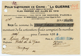 Société Générale Des Nations.supprimer Ce Crime " La Guerre " Plan Proposé Aux Alliés En 1918.appel De Cotisation. - Documents
