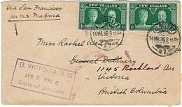 NZ MS MAKURA - CANADA VICTORIA GENERAL DELIVERY A & B FRANKED 1/2d 1935 JUBILEE - Briefe U. Dokumente