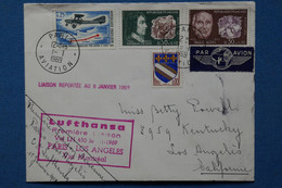 ¤12 FRANCE BELLE  LETTRE  1969  PREMIERE LIAISON PARIS LOS ANGELES  LUFTHANSA+ AEROPHILATELIE +AFFRANCH . INTERESSANT - Eerste Vluchten