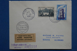 ¤12 FRANCE  BELLE  LETTRE   1956  IER VOL PARIS  HANOVRE GERMANY  + +AFFRANCH . PLAISANT - Erst- U. Sonderflugbriefe