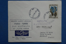 ¤12 FRANCE  BELLE  LETTRE   1958  IER VOL PARIS TURIN ITALIA+AEROPHILATELIE +AFFRANCH . PLAISANT - First Flight Covers